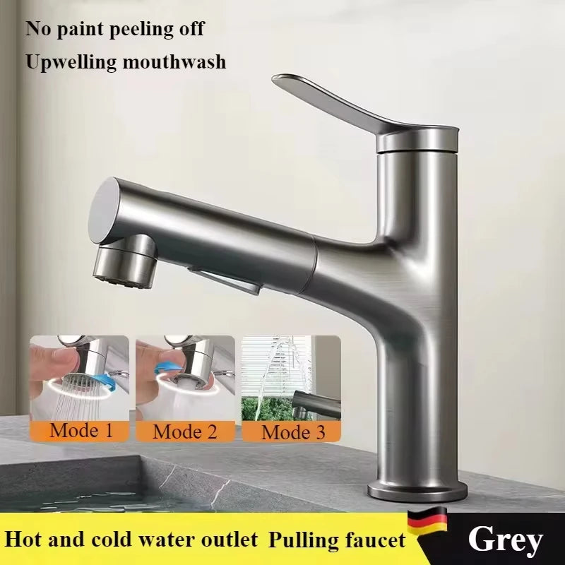 Bathroom Sink Pull-out Hot and Cold Water Mixer Faucet for Bathroom Grey/Chrome 3 Functions Mouthwash Faucet Deck Mount