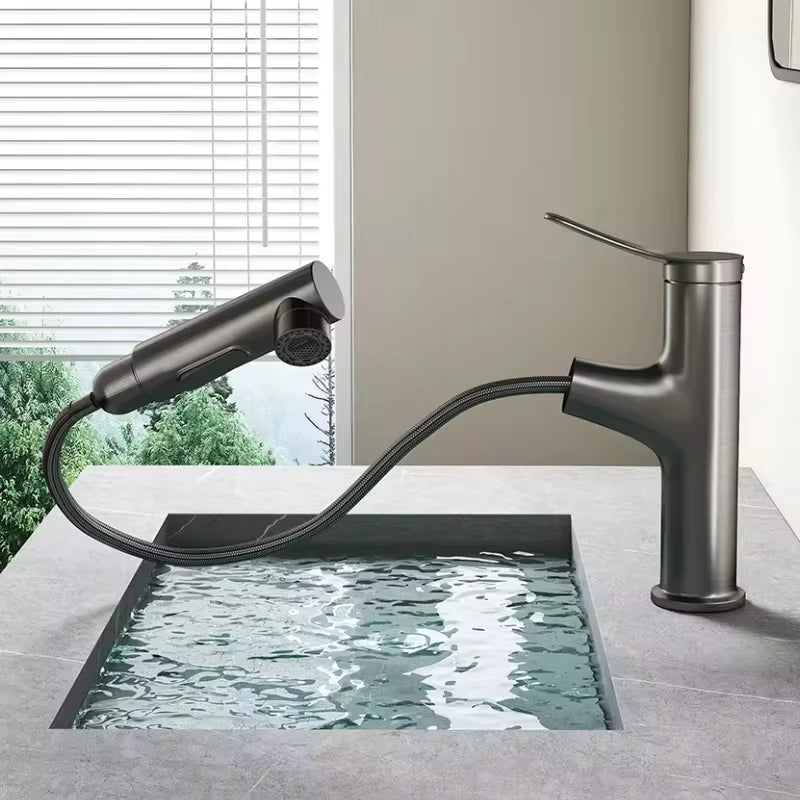 Bathroom Sink Pull-out Hot and Cold Water Mixer Faucet for Bathroom Grey/Chrome 3 Functions Mouthwash Faucet Deck Mount