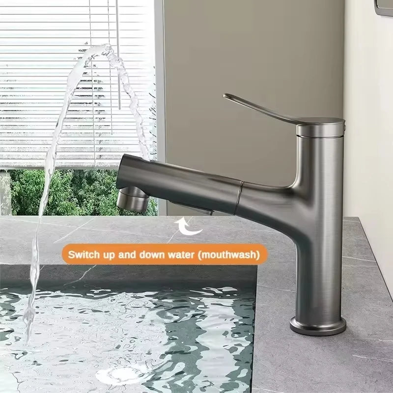 Bathroom Sink Pull-out Hot and Cold Water Mixer Faucet for Bathroom Grey/Chrome 3 Functions Mouthwash Faucet Deck Mount