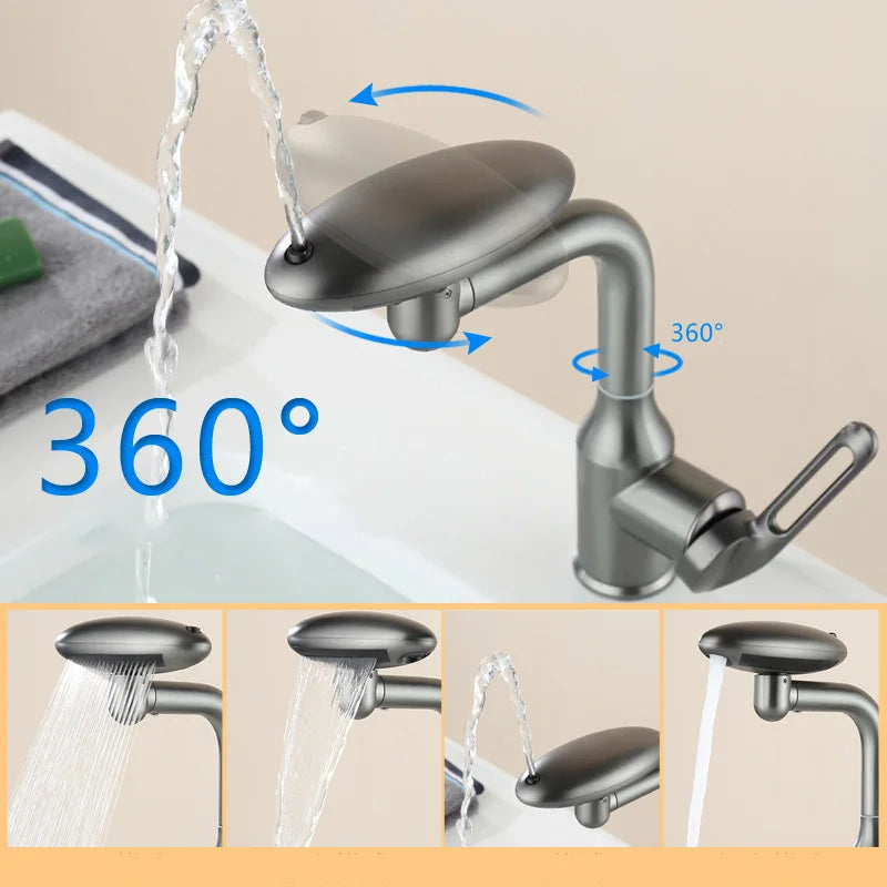 Multi-Function Waterfall Bathroom Basin Faucet 4 Modes Stream Sprayer 360 Degree Swivel Faucet Aerator Hot Cold Water Sink Mixer