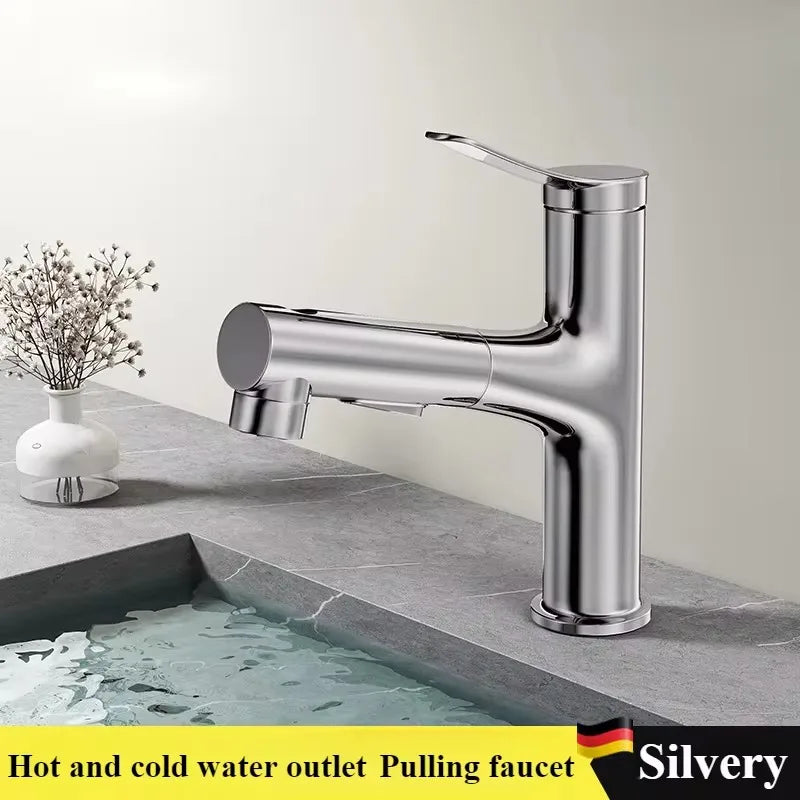 Bathroom Sink Pull-out Hot and Cold Water Mixer Faucet for Bathroom Grey/Chrome 3 Functions Mouthwash Faucet Deck Mount