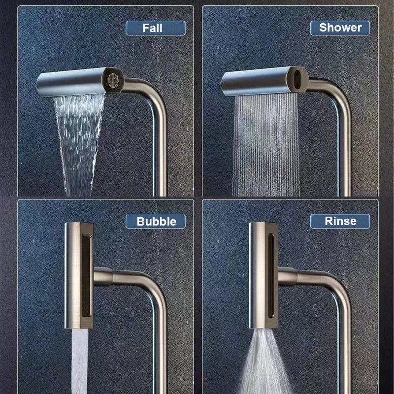 4 Mode Gray Bathroom Basin Faucets Rotation Waterfall Black Stream Sprayer Head Sink Mixer Brushed Nickle Water Tap