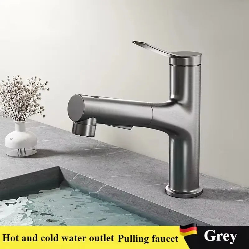 Bathroom Sink Pull-out Hot and Cold Water Mixer Faucet for Bathroom Grey/Chrome 3 Functions Mouthwash Faucet Deck Mount