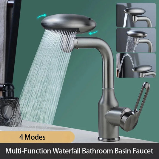 Multi-Function Waterfall Bathroom Basin Faucet 4 Modes Stream Sprayer 360 Degree Swivel Faucet Aerator Hot Cold Water Sink Mixer