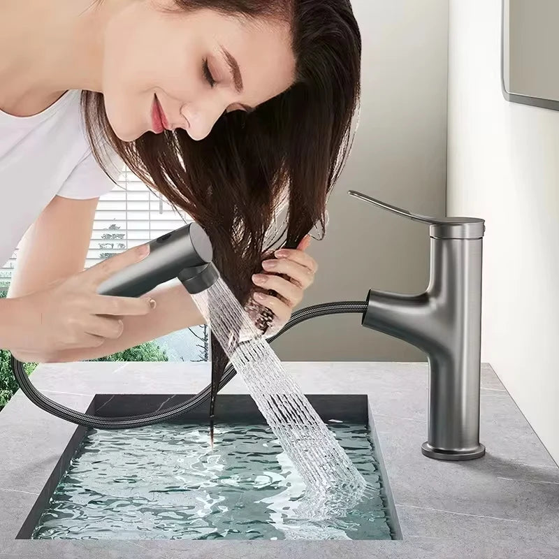 Bathroom Sink Pull-out Hot and Cold Water Mixer Faucet for Bathroom Grey/Chrome 3 Functions Mouthwash Faucet Deck Mount
