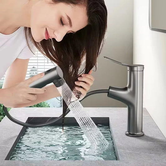 Bathroom Sink Pull-out Hot and Cold Water Mixer Faucet for Bathroom Grey/Chrome 3 Functions Mouthwash Faucet Deck Mount