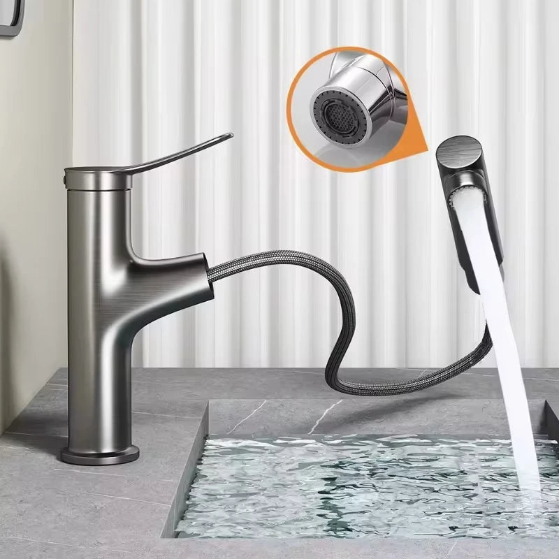 Bathroom Sink Pull-out Hot and Cold Water Mixer Faucet for Bathroom Grey/Chrome 3 Functions Mouthwash Faucet Deck Mount